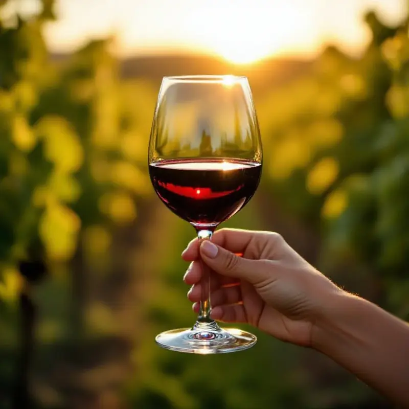A Chinon red wine glass held up among vineyard rows bathed in warm afternoon light, the light ruby cabernet franc win...