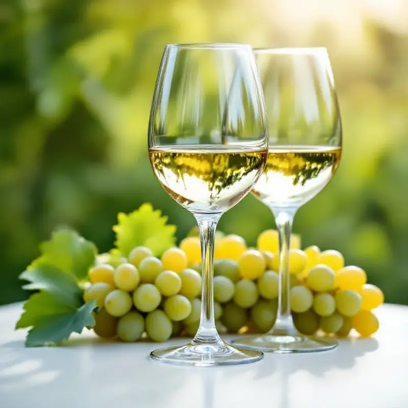 A Sancerre white wine glass beside a cluster of fresh sauvignon blanc grapes on a white tasting table, soft diffused...
