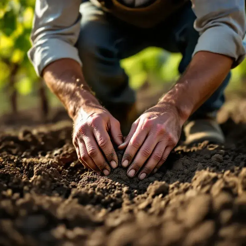 A winemaker’s hands carefully working the soil at the base of an old vine in the Loire Valley, pressing and feeling t...