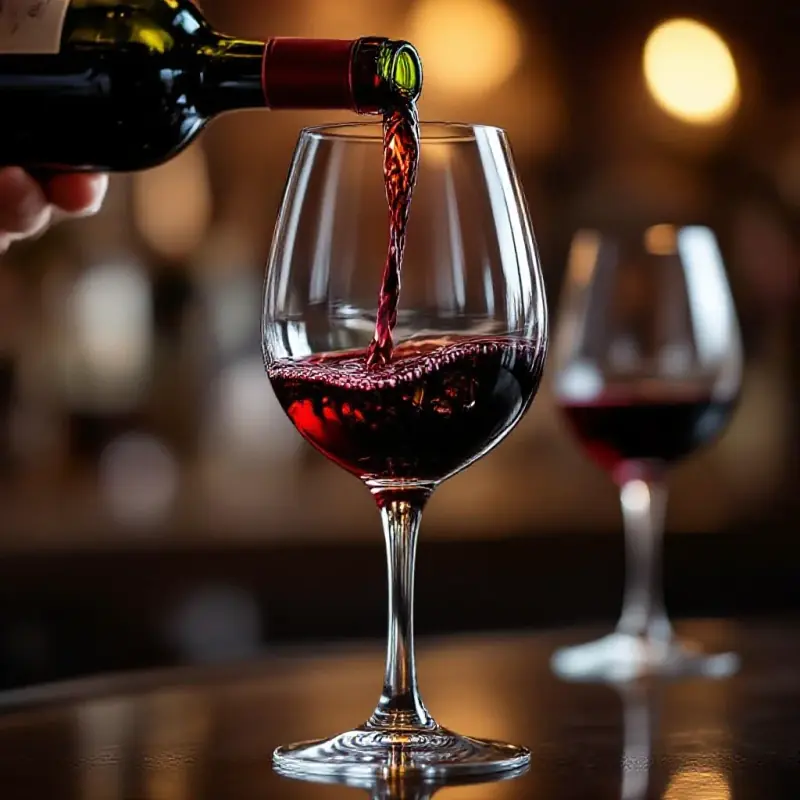 A sommelier tasting an intense, concentrated Rhône red wine in a large crystal glass, the deep garnet wine swirling w...