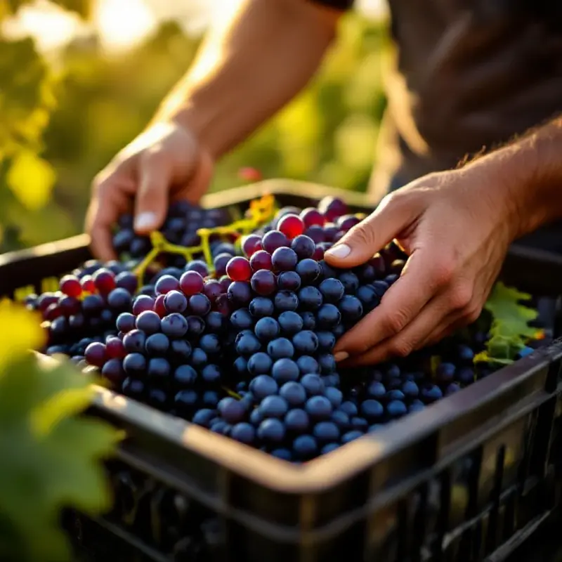 Freshly harvested red wine grape clusters in a harvest crate, deep inky purple berries still on their stems, warm aft...