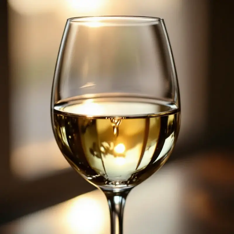 Silky white wine in a glass, the oily and unctuous texture implied by the viscous legs running down the crystal, soft...