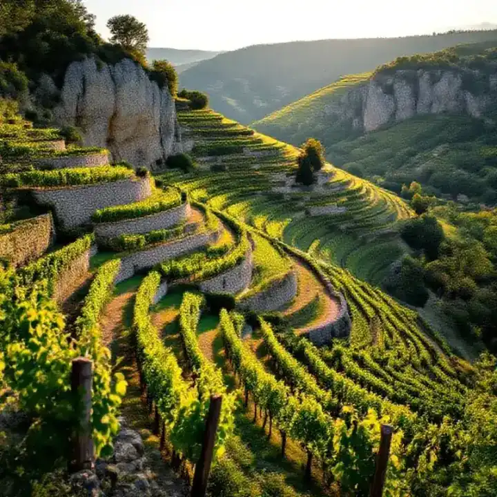 Steep granite-walled terraced vineyards in the Northern Rhône Condrieu area, ancient stone walls supporting narrow vi...