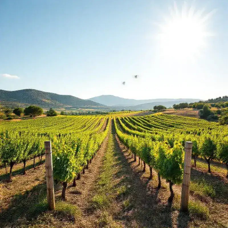Southern French Languedoc Viognier vineyards under bright Mediterranean sunlight, limestone hills in the background,...