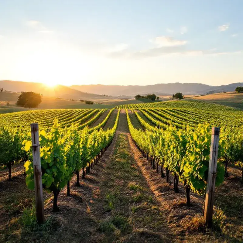 California Viognier vineyards in Paso Robles or the Sierra Foothills, vine rows in warm afternoon light on well-drain...