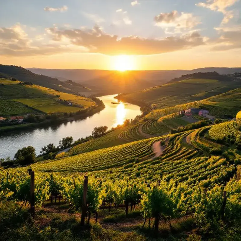 Northern Rhône Valley landscape with the river and terraced hillsides, the Condrieu and Côte-Rôtie appellation terrai...
