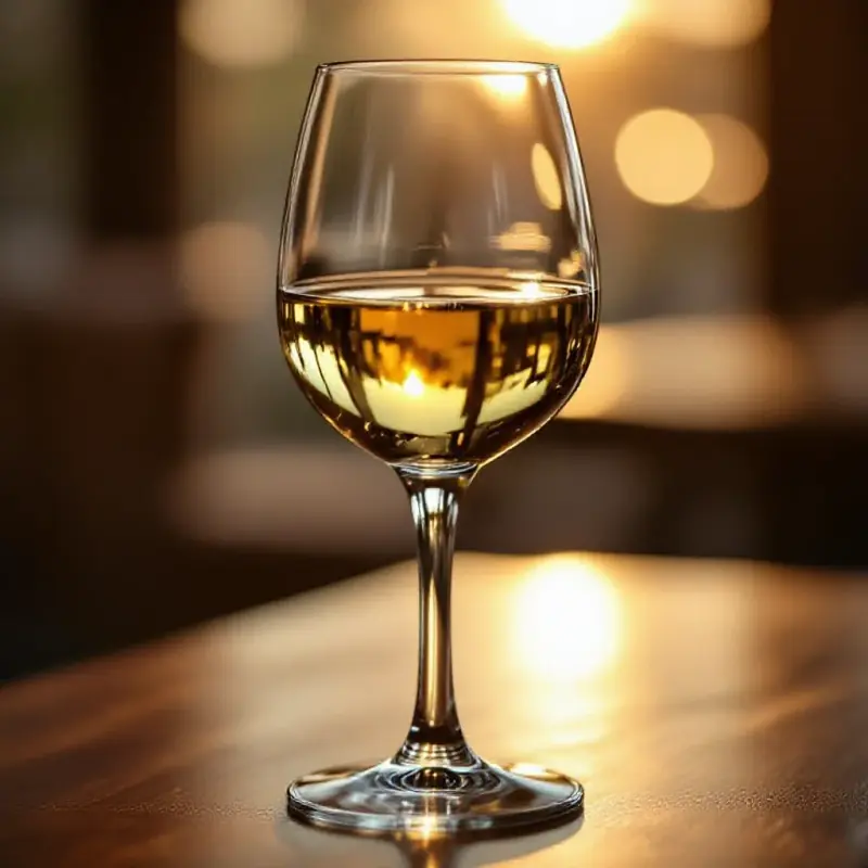 A Chardonnay glass with warm golden buttery wine, similar in color to Viognier, soft afternoon light showing the wine...