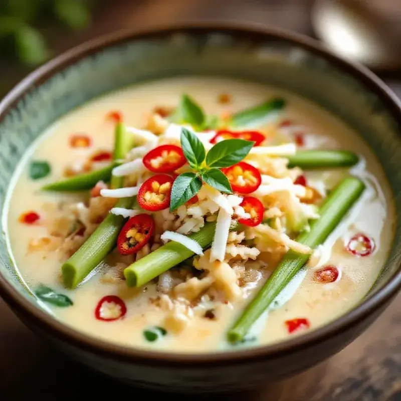 An aromatic Asian dish with lemongrass, coconut milk, and fresh chilies in a ceramic bowl, fragrant and colorful, war...